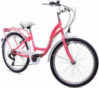 Rower Miejski Dziewczęcy NEEXT LAURA 24" 6 biegowy Shimano RÓŻOWO BIAŁY